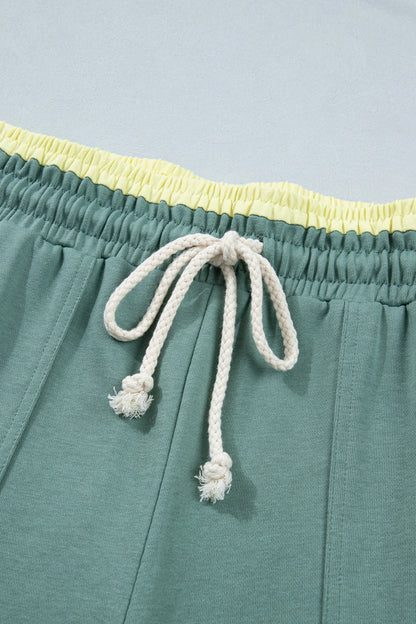 Color Block Flower Patchwork Drawstring Contrasted Elastic Waist Wide Leg Pants