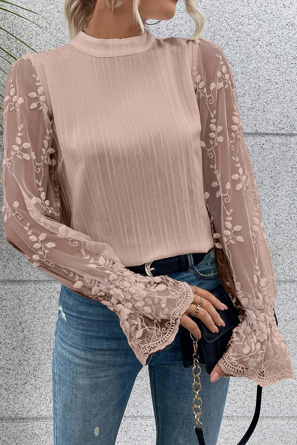 Abstract Lace Mock Neck Long Sleeve Top