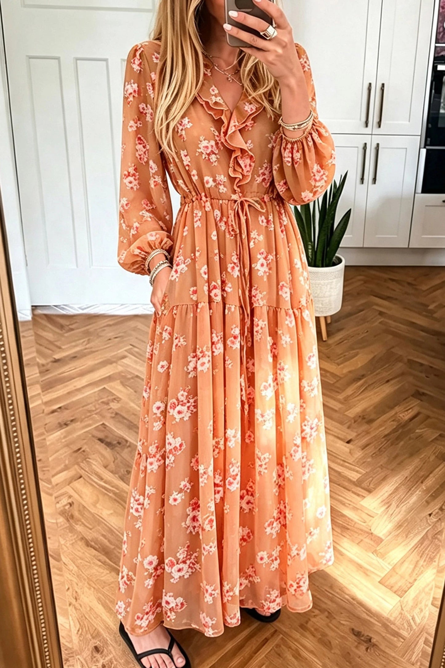 Orange Floral Print Sheer Long Sleeve Ruffle Neck Drawstring Flowy Maxi Dress