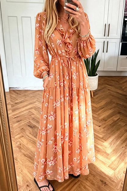 Orange Floral Print Sheer Long Sleeve Ruffle Neck Drawstring Flowy Maxi Dress