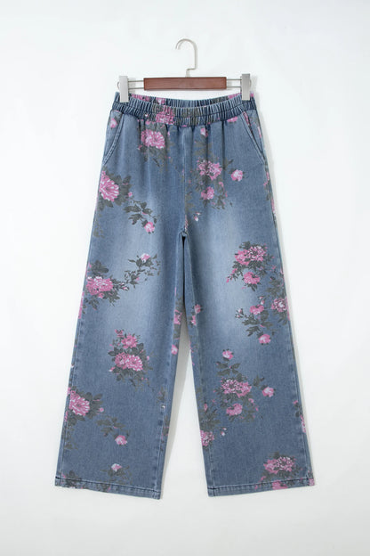 Beau Blue Floral Print Elastic Waist Pull On Casual Jeans