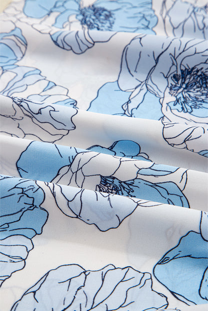 Sky Blue Floral Print Frilly Smocked Square Neck Long Sleeve Blouse