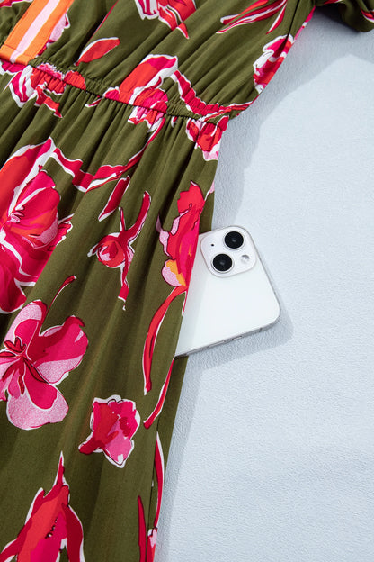 Green Floral Print Striped Trim Split Neck Short Puff Sleeve Ruffle Hem Maxi Dress