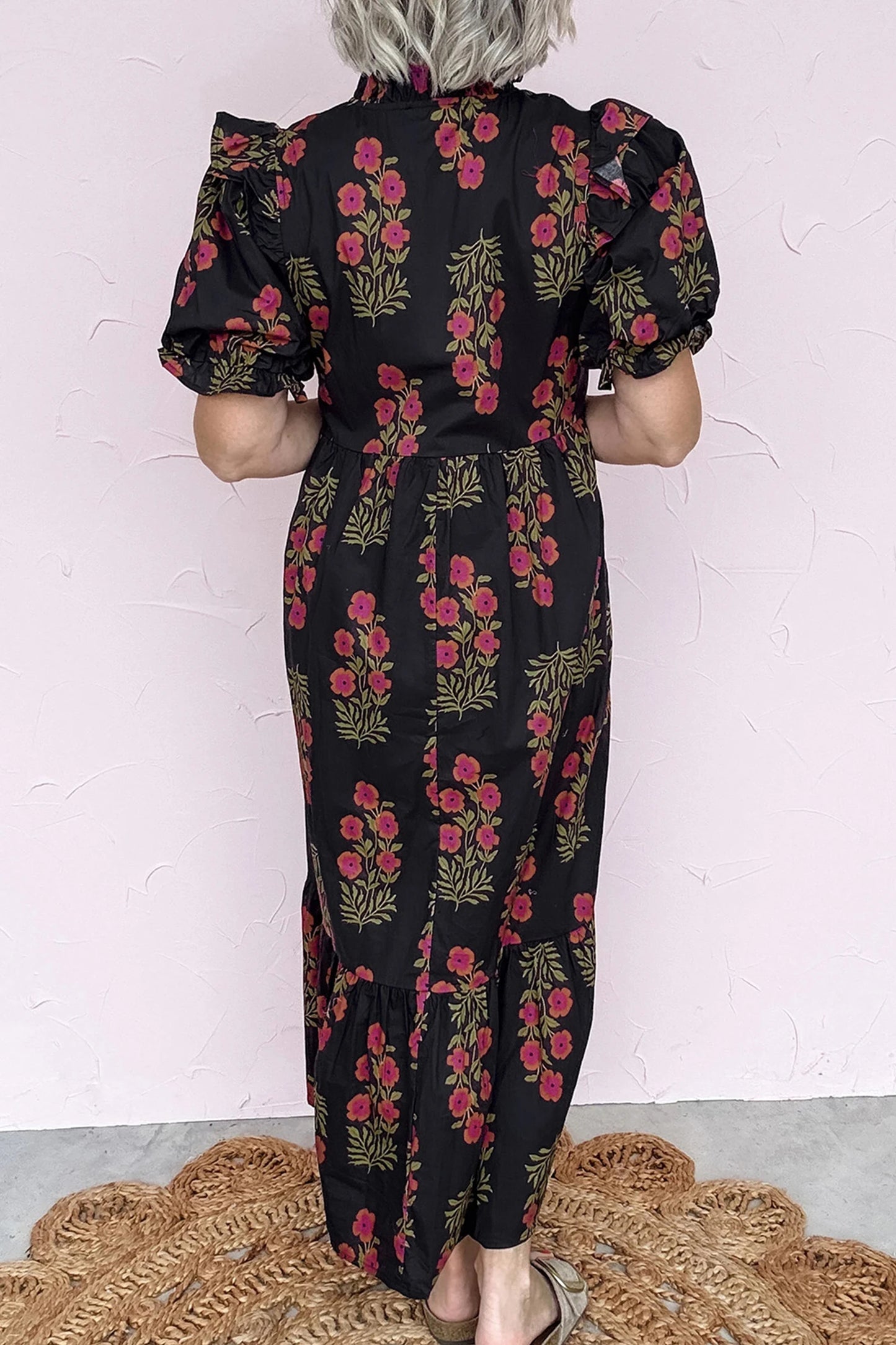 Black Floral Short Bubble Sleeve Tiered Maxi Dress