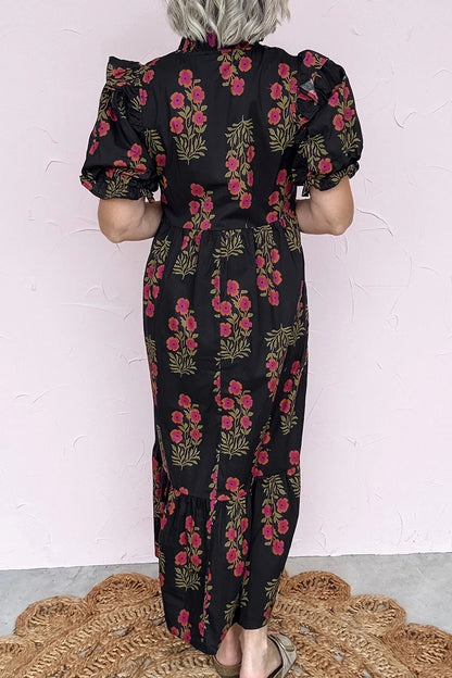 Black Floral Short Bubble Sleeve Tiered Maxi Dress