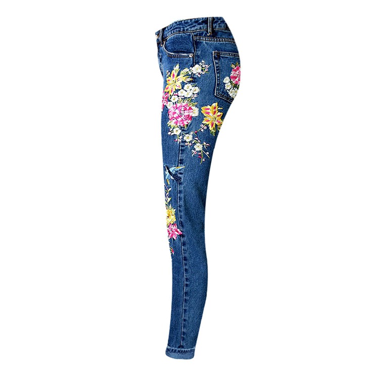 Bird Flower Front and Back Embroidery Jeans