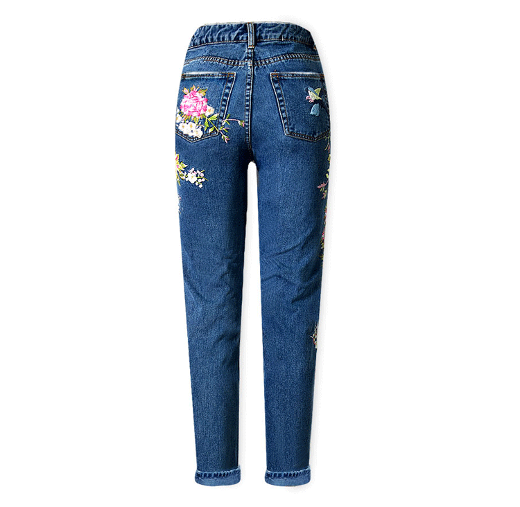 Bird Flower Front and Back Embroidery Jeans