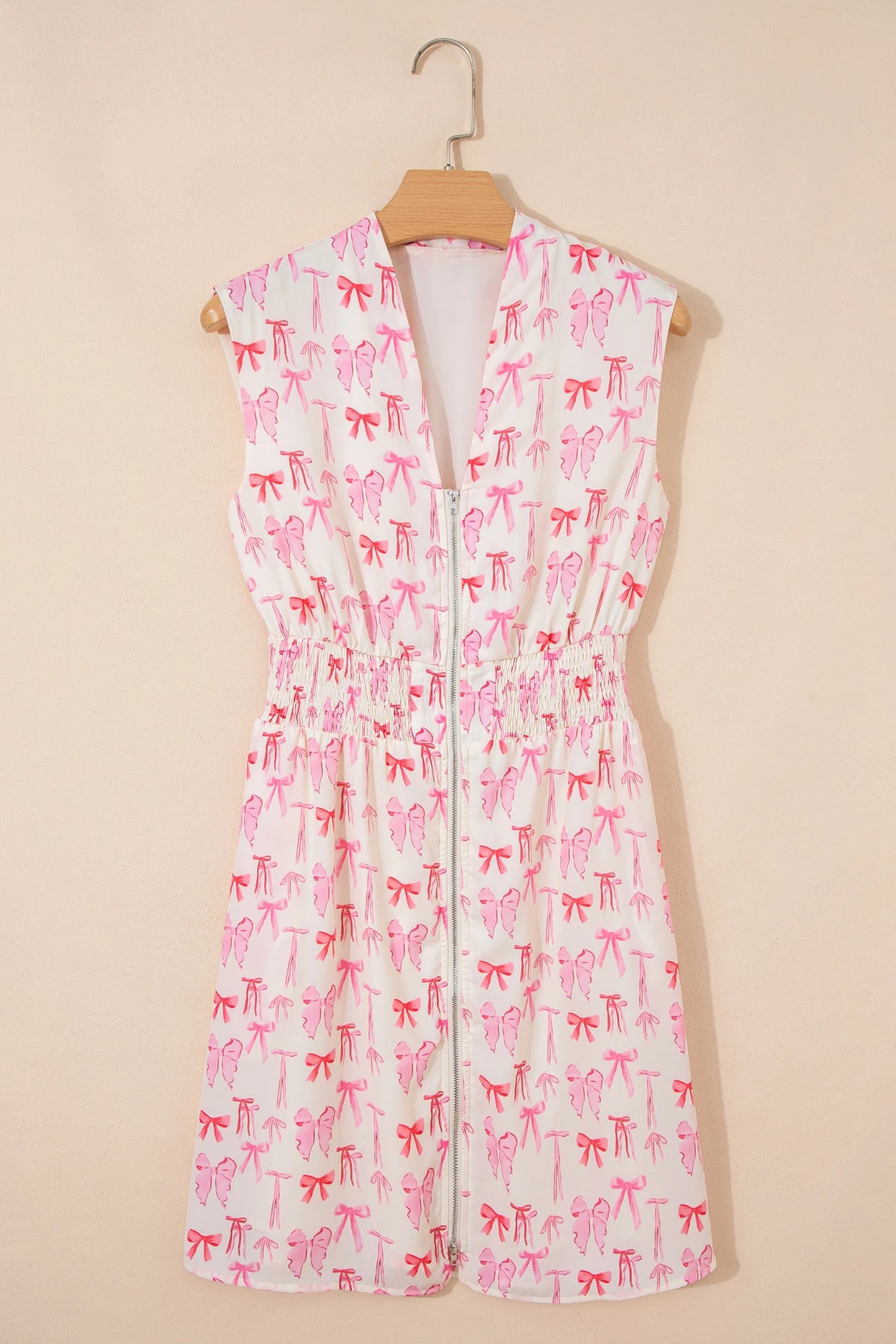 Pink Full Zip Cinched Waist Sleeveless Bow Mini Dress