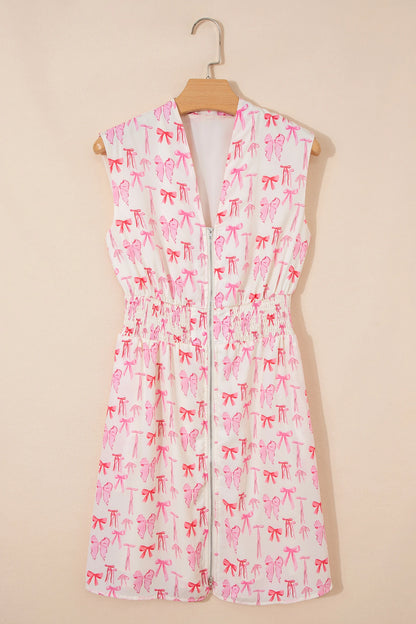 Pink Full Zip Cinched Waist Sleeveless Bow Mini Dress