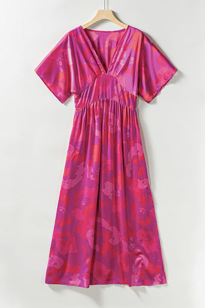 Rose Abstract Floral Print V Neck Dolman Maxi Dress