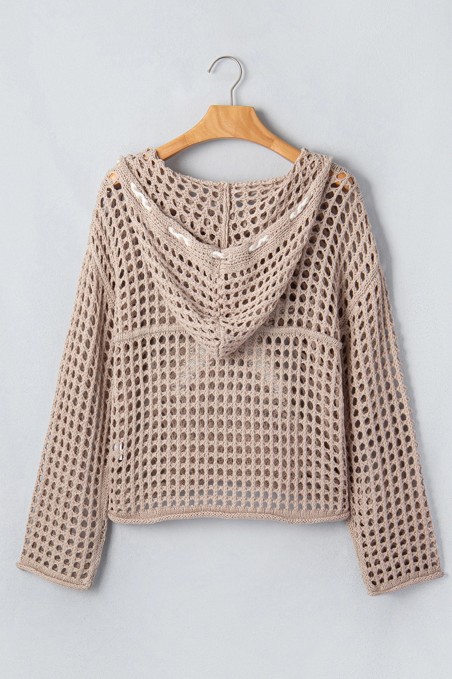 Star Pattern Crochet Hooded Drawstring Sweater