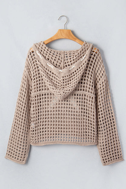 Star Pattern Crochet Hooded Drawstring Sweater