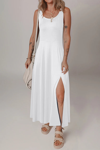 Sleeveless Scoop Neck Flared Split Midi Dress