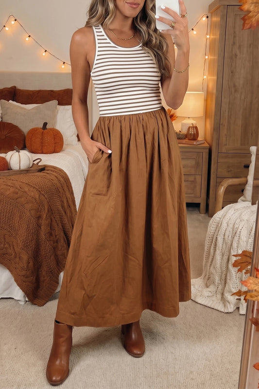 Chestnut Striped Colorblock Patchwork Sleeveless Casual Long Dress