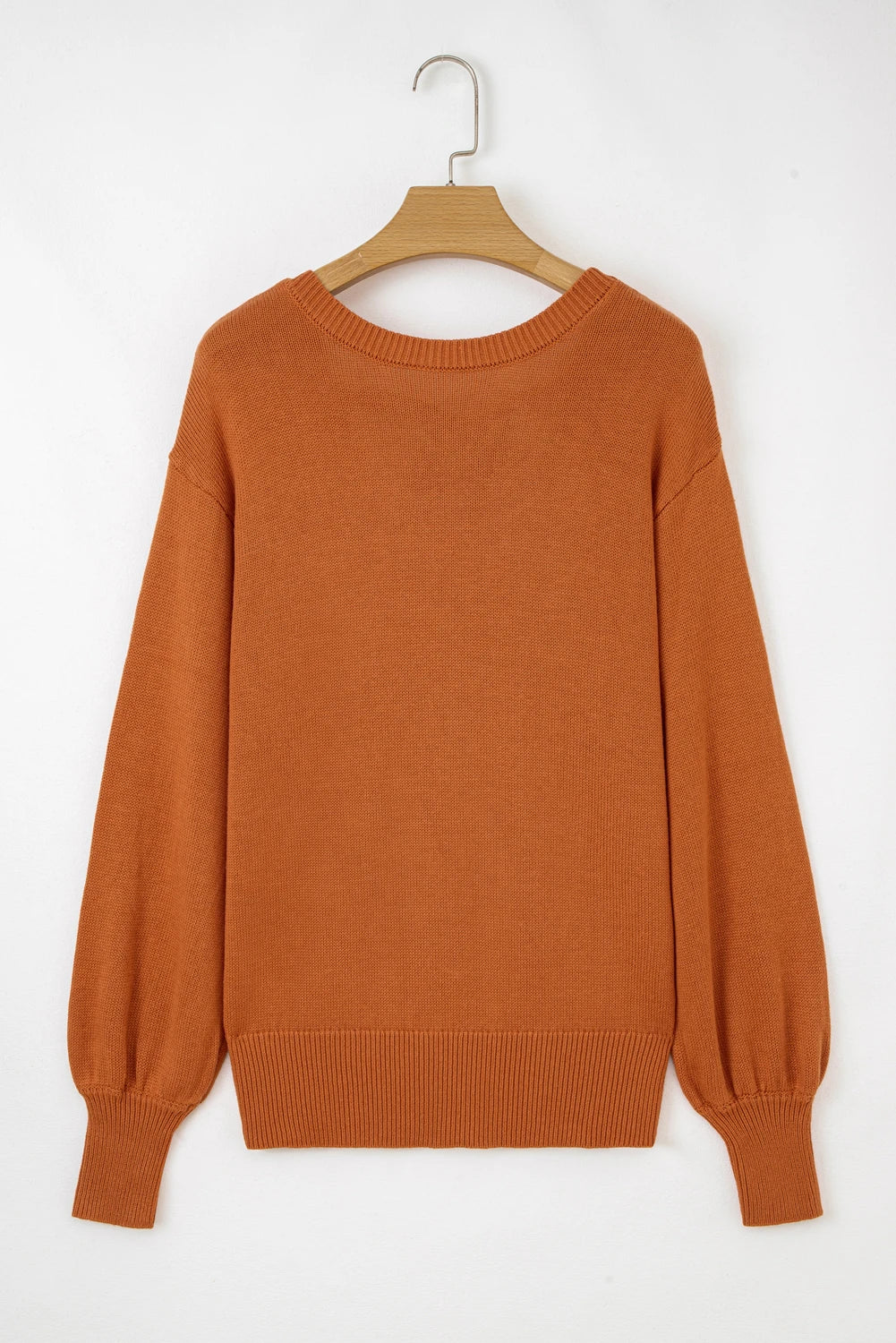 Gold Flame Solid Color Ribbed Trim Drop Shoulder Sweater