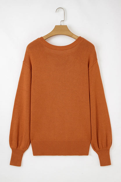 Gold Flame Solid Color Ribbed Trim Drop Shoulder Sweater