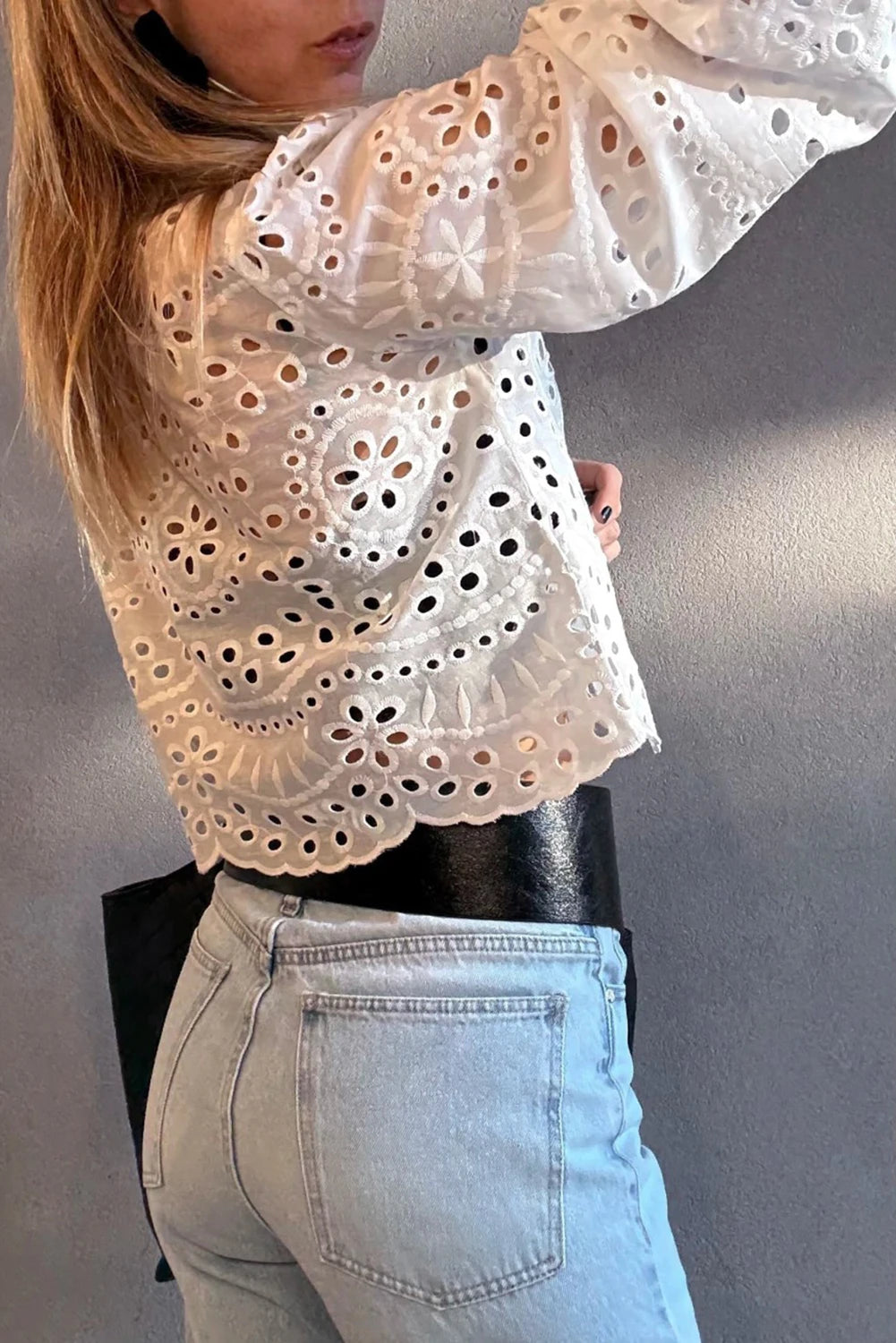 White Eyelet Embroidered Puff Sleeve Crop Shirt