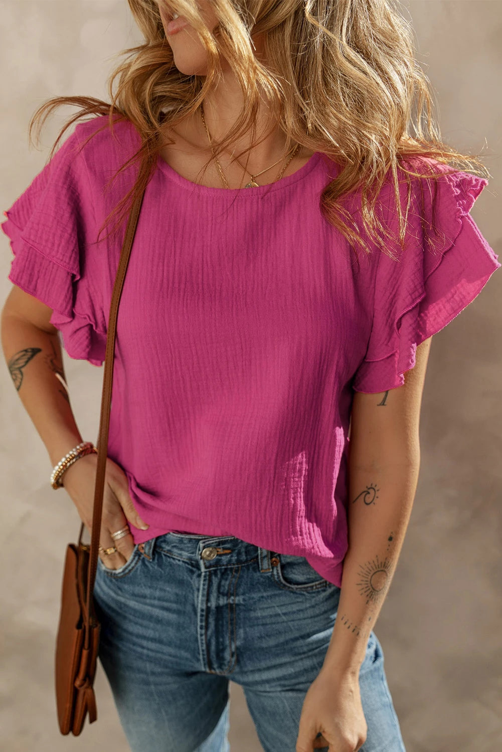 Crinkled Cotton Gauze Ruffle Sleeve Blouse