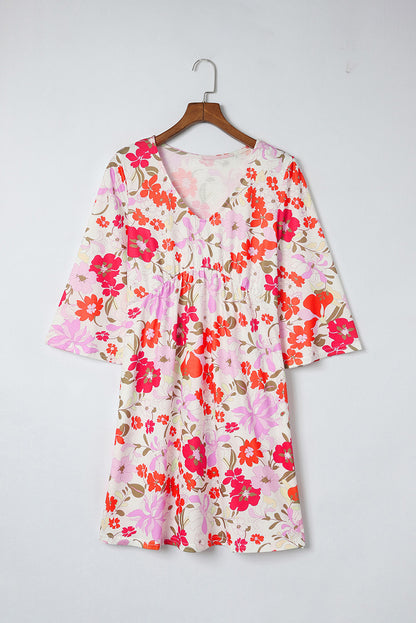 Orange V Neck 3/4 Sleeve Floral Dress