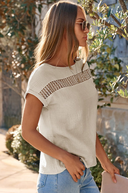 Beige Crochet Insert Textured Cotton Short Sleeve Blouse Top
