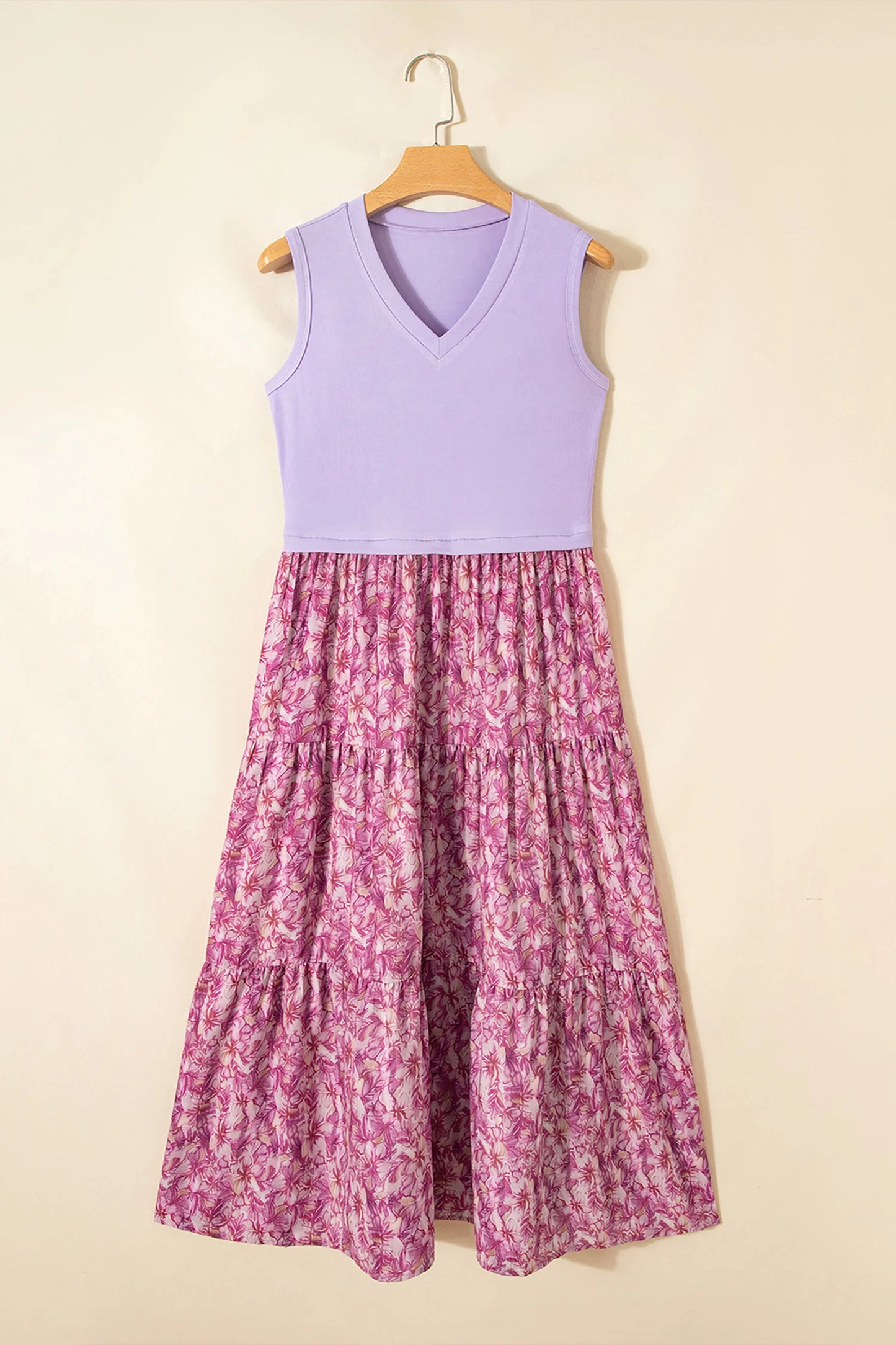 Purple Ribbed V Neck Tank Floral Contrast Patchwork Long Dress