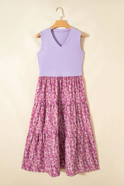 Purple Ribbed V Neck Tank Floral Contrast Patchwork Long Dress