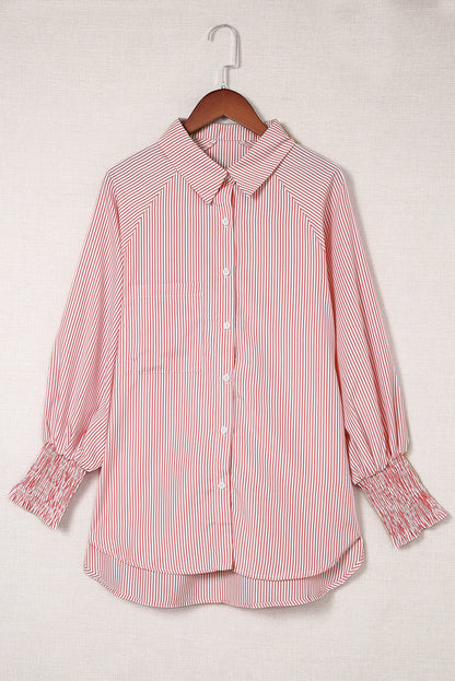 Stripe Smocked Cuffed Striped Boyfriend Shirt with Pocket