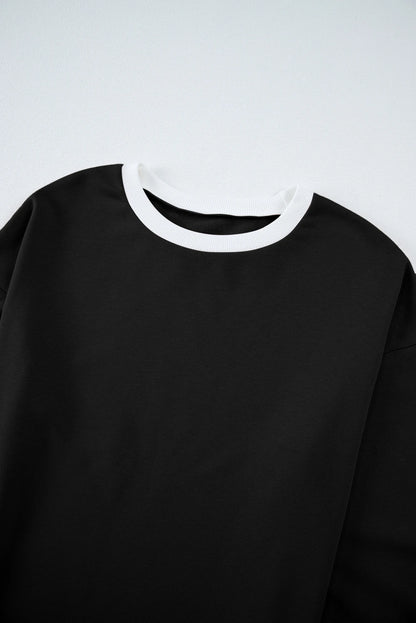 Black Varsity Stripe Patchwork Puff Sleeve Pullover Drawstring Wide Leg Pant Set