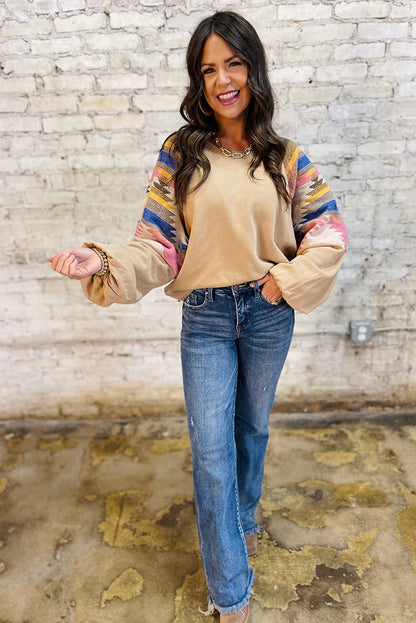 Light French Beige Aztec Patchwork Raglan Pullover Sweatshirt