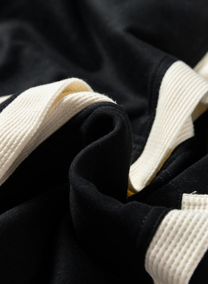 Black Waffle Contrast Knit Color Block Patchwork Button Front Oversize Hoodie