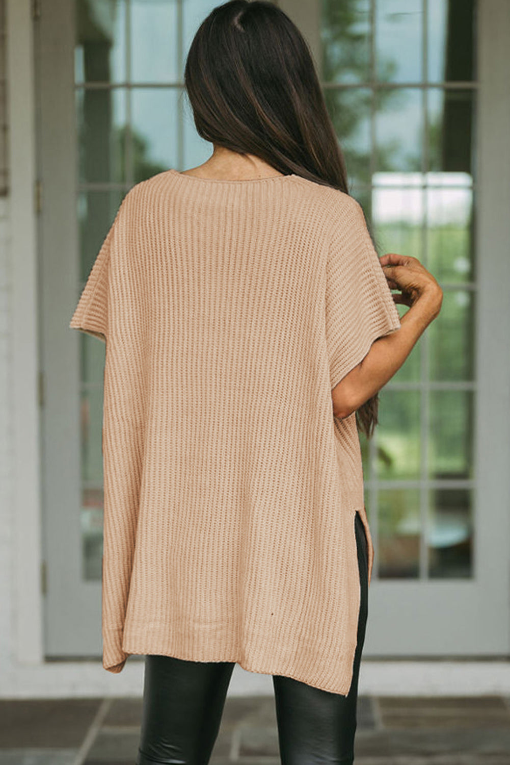 Apricot Short Sleeve Side Slit Oversized Sweater