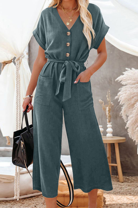 Blue Dolman Button Belted V Neck Wide Leg Pocketed Jumpsuit