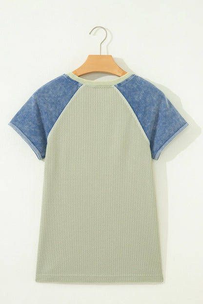 Laurel Green Waffle Knit Seam Detail Color Block Patchwork Short Sleeve Top