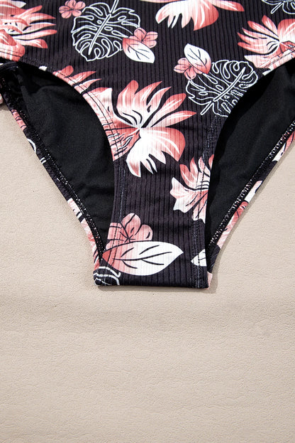 Black Ribbed Knit High Waist 2pcs Bikini Swimsuit