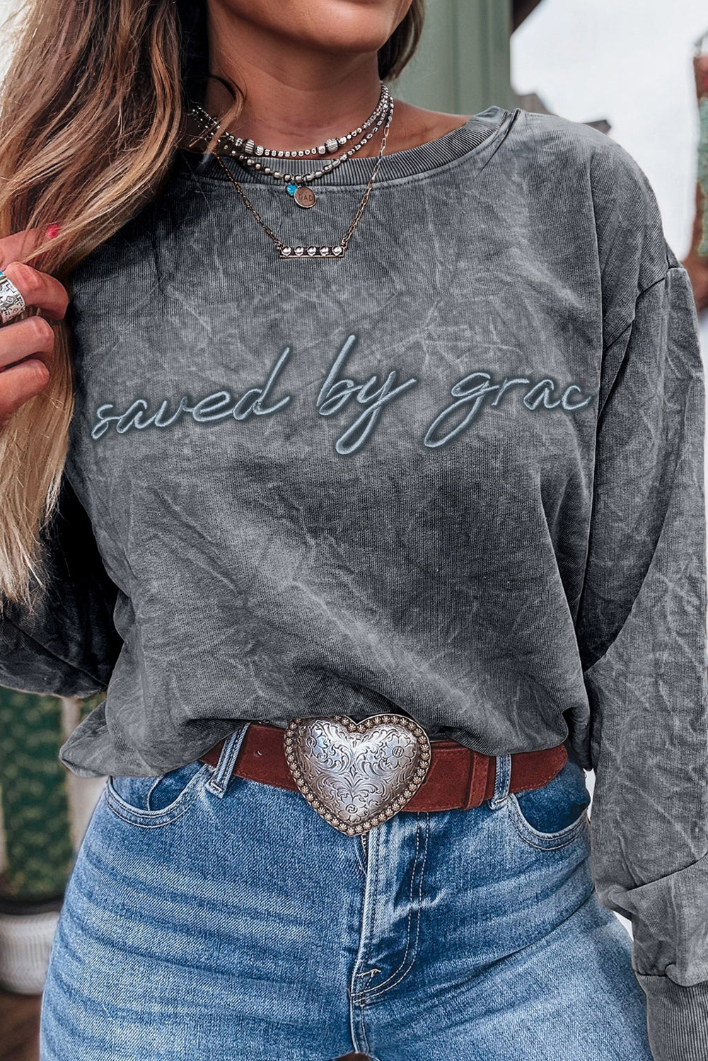 Saved by grace Letter Embroidery Mineral Wash Loose Sweatshirt