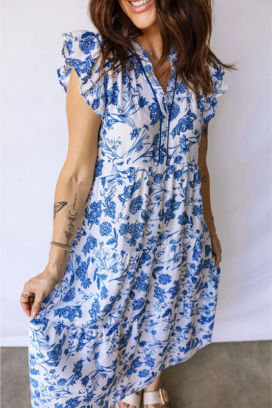 Blue Ruffled Short Sleeve Tiered Floral Midi Dress