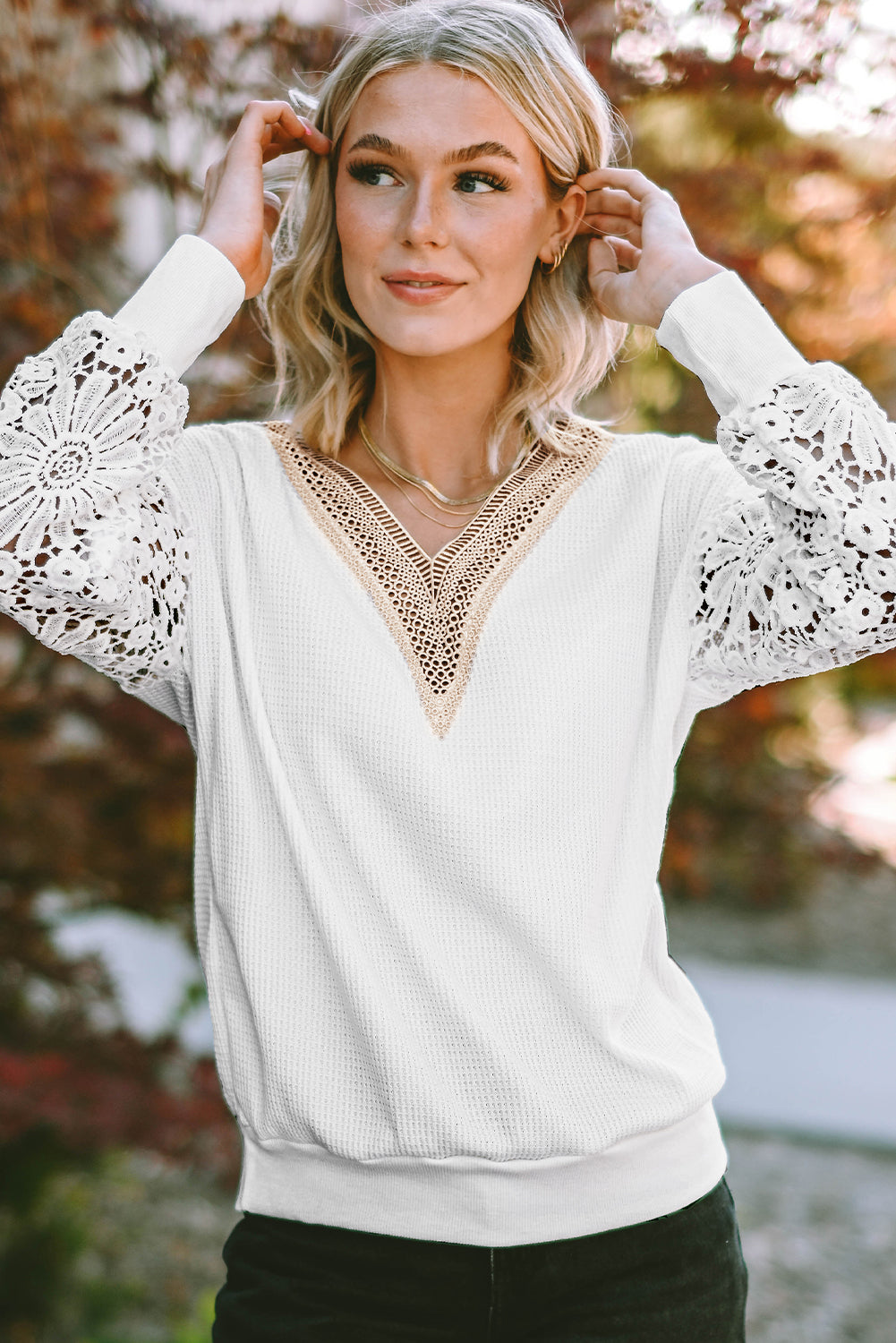 Lace Splicing V Neck Puff Sleeve Top