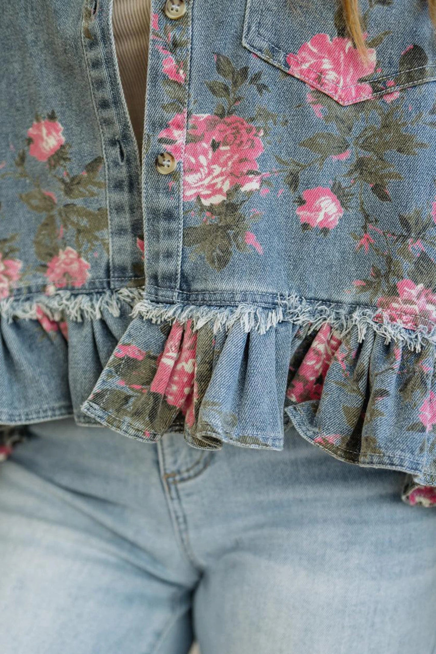 Sky Blue Floral Print Raw Seam Ruffle Hem Denim Jacket