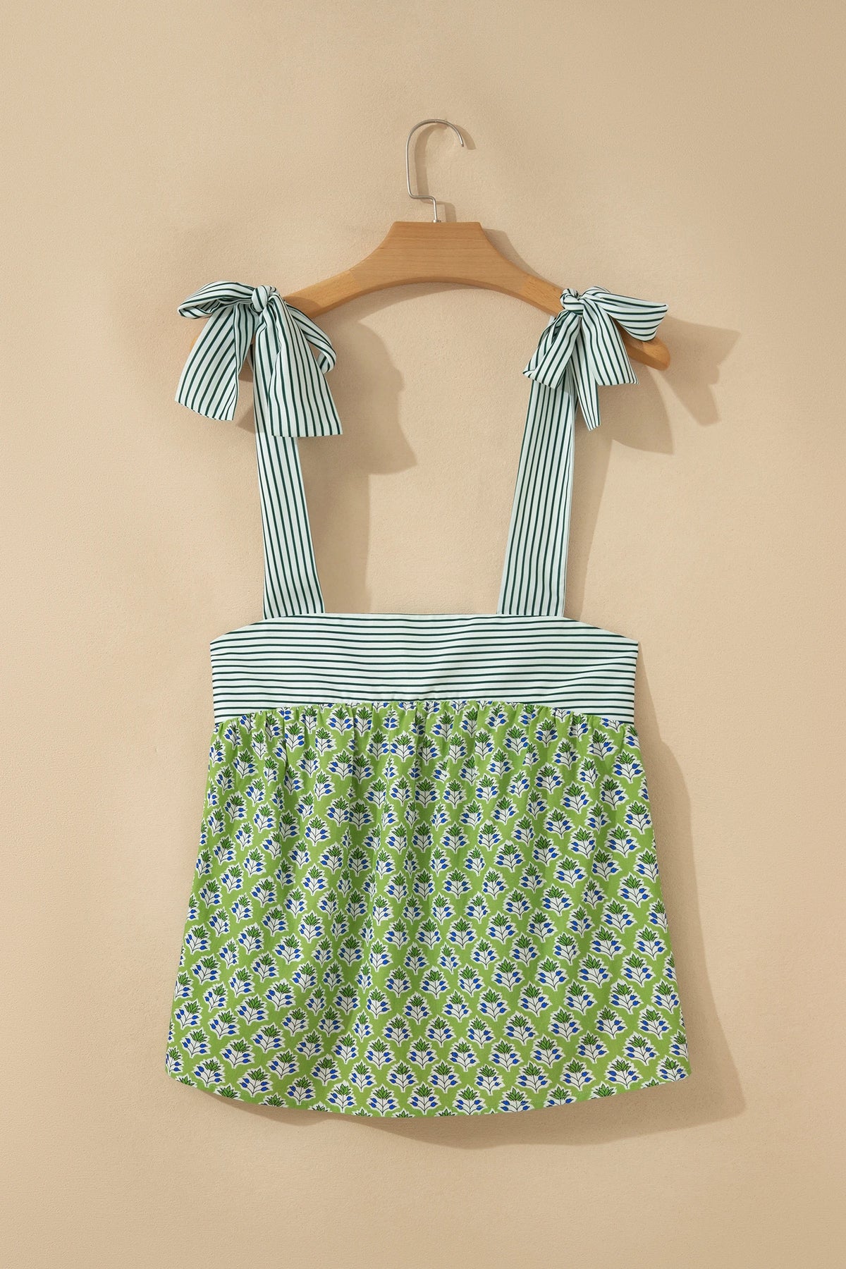 Green Floral Printed Knot Straps Babydoll Tank Top