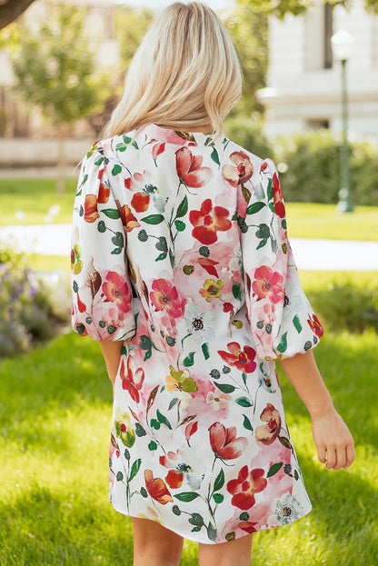 Red Floral Contrast Striped V Neck Puff Half Sleeve Shift Dress