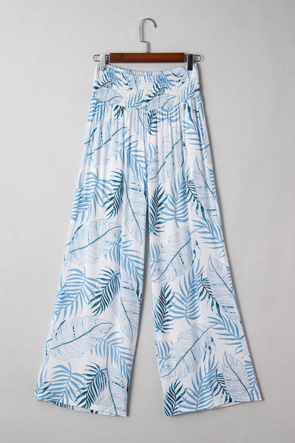 Botanic Print Shirred Waistband Wide Leg Pants