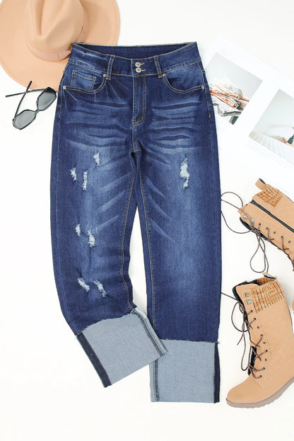Blue-2 High Waist Distressed Straight Leg Jeans