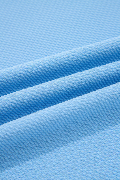 Light Blue Round Neck Textured Contrast Floral Bubble Sleeve Blouse