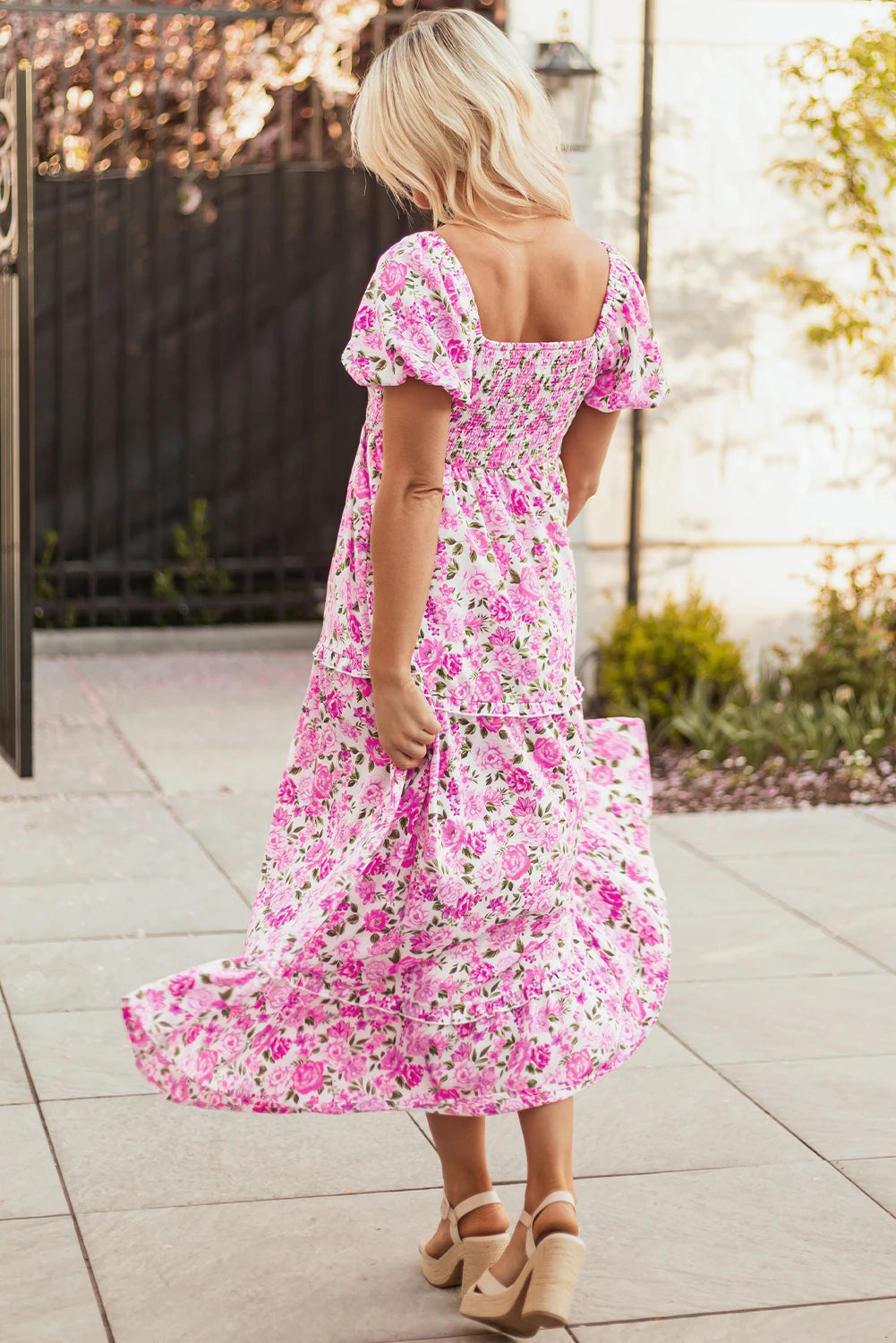 Pink Dainty Floral Smocked Puff Sleeve Flowy Long Dress
