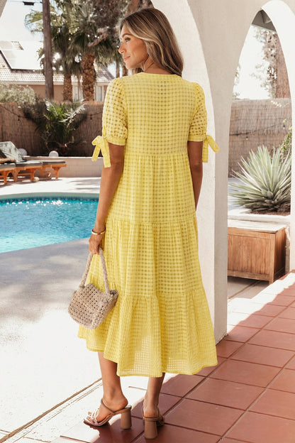 Gingham Textured Bow Tie Short Sleeve Tiered Midi Dress