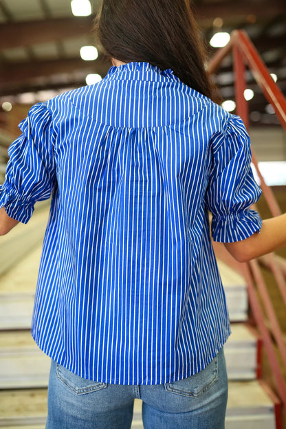Stripe Ruffled Short Puff Sleeve Button Front Blouse