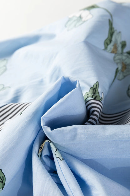 Sky Blue Floral Print Contrast Striped Trim Ruffled V Neck Fall Blouse