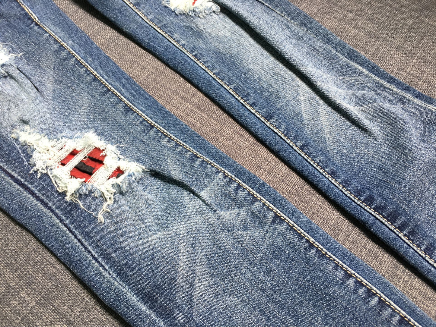 Ripped Checkered Washed Frayed Denim