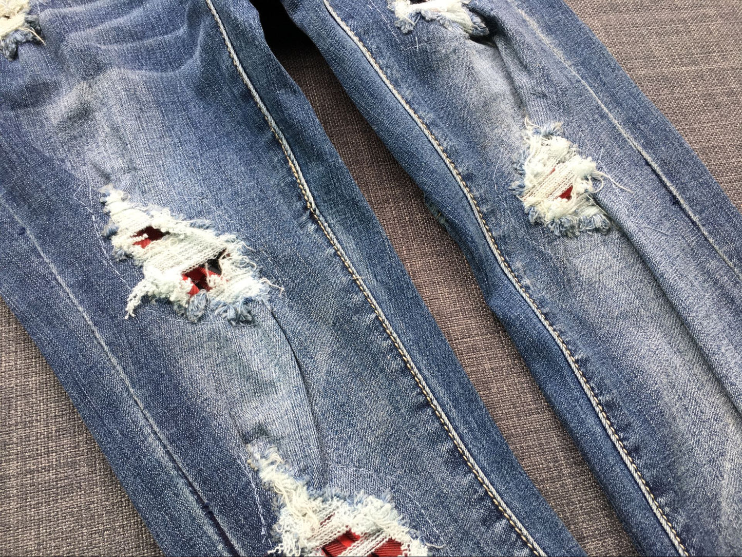 Ripped Checkered Washed Frayed Denim