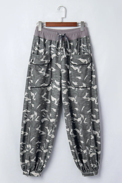 Multicolour Drawstring Contrast Waistband Camouflage Cargo Barrel Pants